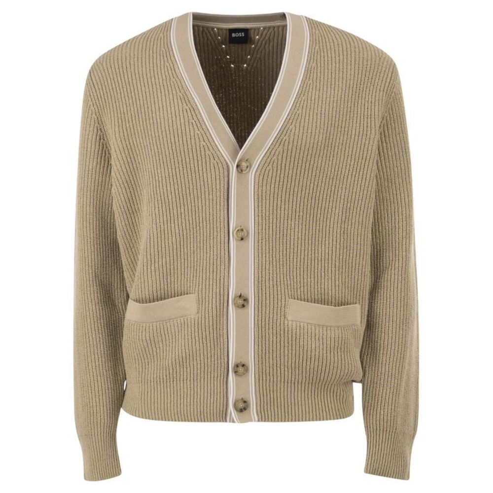 Boss Men Ribbed Cotton Cardigan With Contrast Buttons
